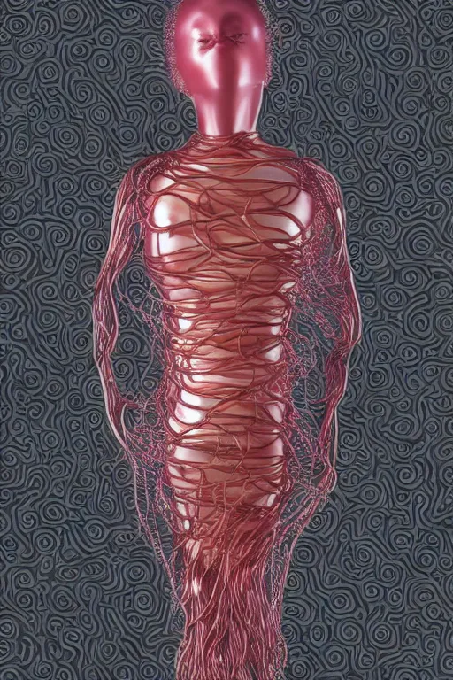 Prompt: machine cover art arms!!!! lips!!! lisa ann unwrapped statue bust curls of hair petite lush front side view body unfolds photography model full body curly jellyfish lips wire art contrast vibrant futuristic fabric skin jellyfish material metal veins in the style of jonathan zawada, thisset colours simple background objective, realistic body structure