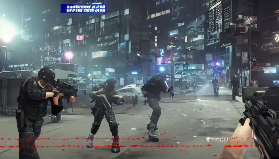 Prompt: 2020 Video Game Screenshot, Anime Neo-tokyo Cyborg bank robbers vs police, Set inside of the Bank, Open Vault, Multiplayer set-piece Ambush, Tactical Squads :19, Police officers under heavy fire, Police Calling for back up, Bullet Holes and Realistic Blood Splatter, :6 Gas Grenades, Riot Shields, Large Caliber Sniper Fire, Chaos, Metal Gear Solid Anime Cyberpunk, Akira Anime Cyberpunk, Anime Bullet VFX, Anime Machine Gun Fire, Violent Action, Sakuga Gunplay, Shootout, :14 Quibli MToon Shader :19 , Inspired by Intruder :11 Cel Shaded by Katsuhiro Otomo: 19, 🕹️ 😎 🚬