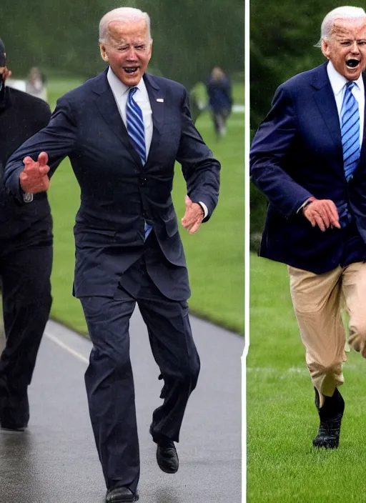 Image similar to joe biden is running terrified from a monster from predator that is chasing him on the white house lawn during a storm, photoealistic, scary