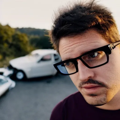 Prompt: photo of a man wearing smart glasses stood near a crashed car, high quality, golden hour lighting, wide angle shot