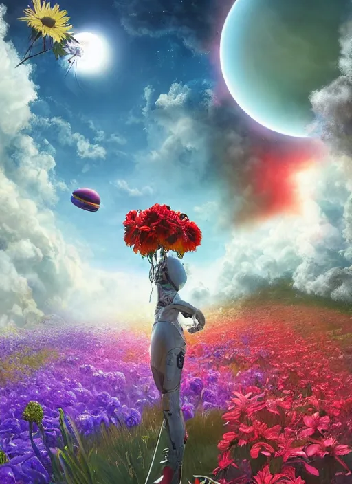 Image similar to An epic fantastic realism comic book style painting of the most beautiful flowers launched into space, bouquets, solar eclipse, fisheye, unreal 5, DAZ, hyperrealistic, octane render, dynamic lighting