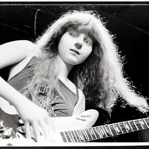 Image similar to 19-year-old girl, long shaggy red hair, playing electric guitar, stoner rock concert, live on stage, super 8mm, 1973