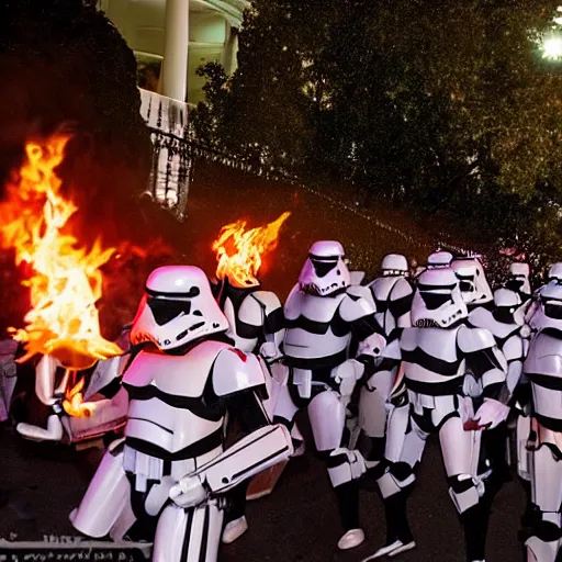 Prompt: a still candid image of hundreds of stormtropers rioting in front of a the white house in washington.!!!, dusk, fire, smoke, kaos, flaming torches and flags