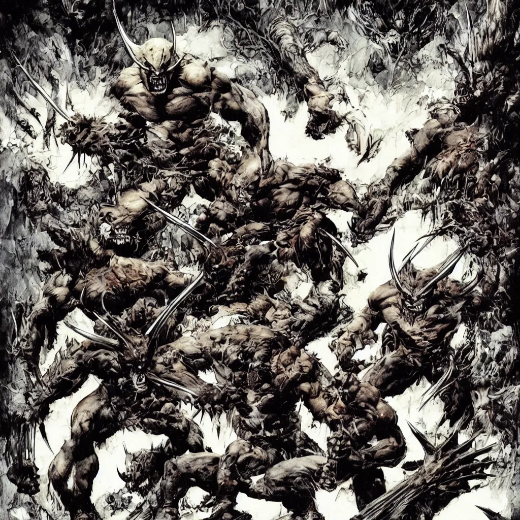 Prompt: Wolverine vs. Wendigo by Frank Frazetta, P. Craig Russell, Michael Kaluta and Simon Bisley, fantasy, crisp lighting and edges, dark ambience, malevolent expression, determination, fear, rage, accurate symmetrical facial details, extremely accurate facial features