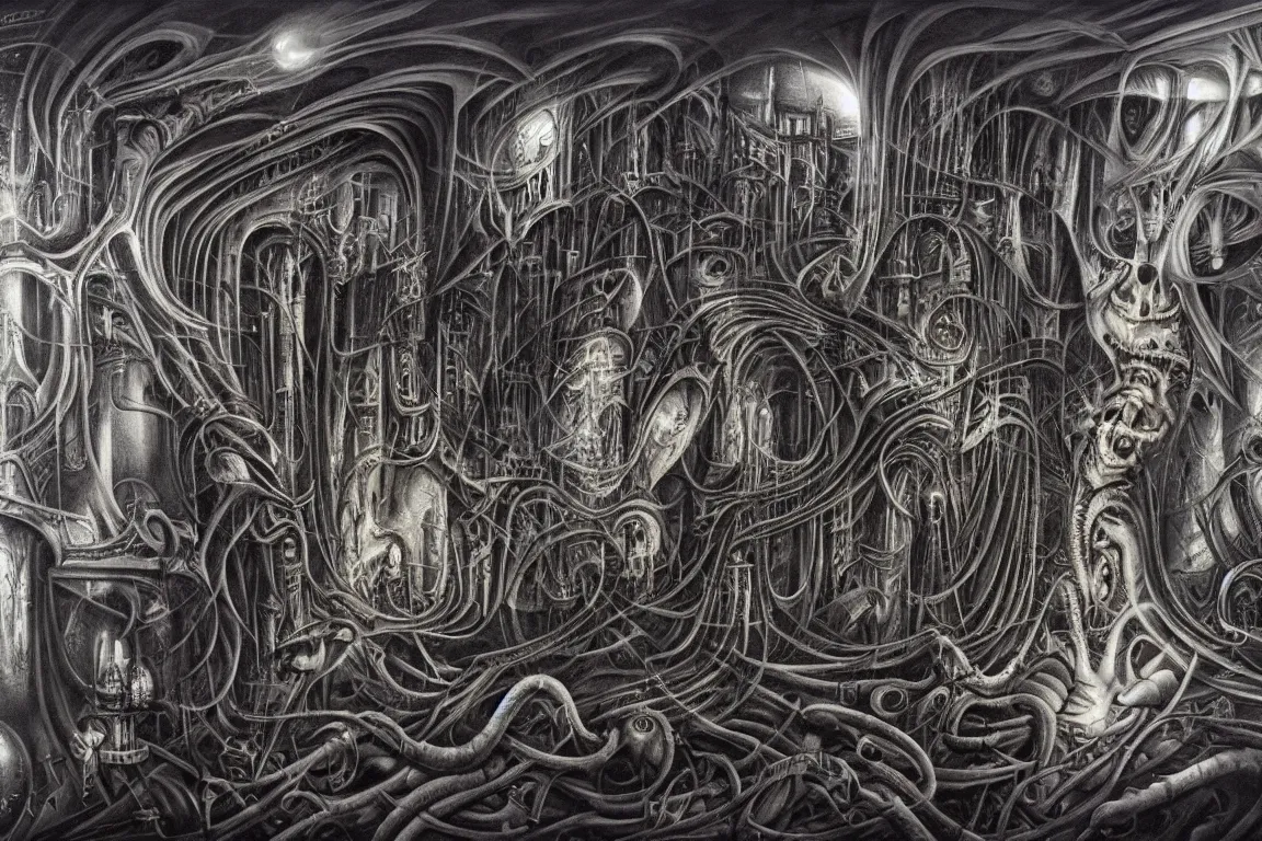 Image similar to A very detailed nightmarish dreamscape with surreal architecture, surrealism, monochromatic airbrush painting, style of H. R. Giger