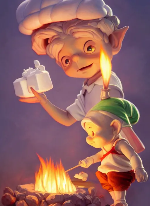 Image similar to cute gnomes roasting marshmallos, natural lighting, path traced, highly detailed, high quality, digital painting, by don bluth and ross tran and studio ghibli and alphonse mucha, artgerm