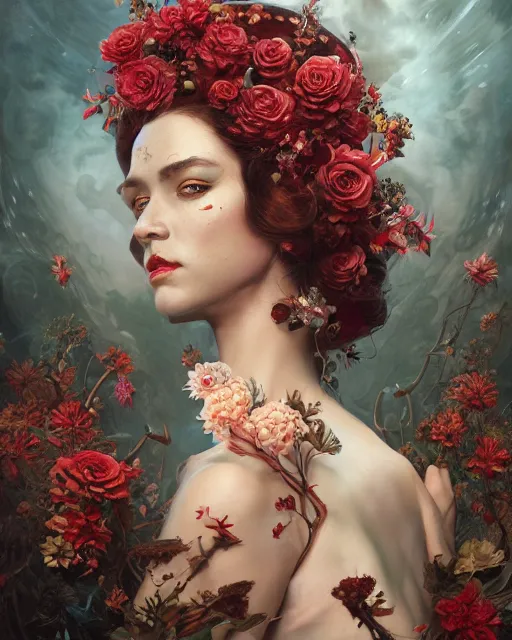 Image similar to portrait of the redskin queen of the underworld, surrounded by flowers by karol bak, james jean, tom bagshaw, rococo, sharp focus, trending on artstation, cinematic lighting, hyper realism, octane render, 8 k, hyper detailed.