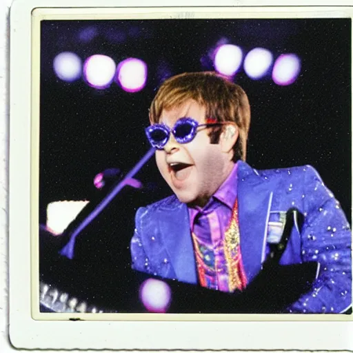 Image similar to Elton John Age 25, Dodgers Stadium concert in 1975, ultradetailed, polaroid picture, enhanced quality polaroid photo