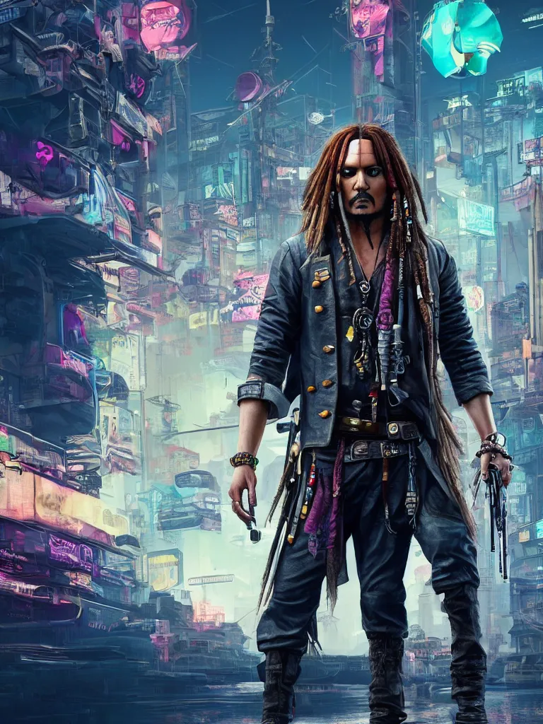 Prompt: jack sparrow in the game of cyberpunk 2 0 7 7, portrait, focus, 3 d illustration, sharp, intricate, poster, jack sparrow standing in front of the futuristic car, night city dystopian cyberpunk city in the background, photo, 3 d super render