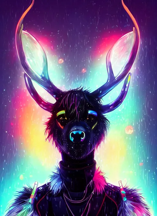 Image similar to award winning beautiful portrait commission of a male furry anthro Black Reindeer cyberpunk fursona with a tail, wings, wings, wings and a cute beautiful attractive detailed furry face wearing stylish black and rainbow galaxy clothes, outline, in a cyberpunk city at night while it rains. Character design by charlie bowater, ross tran, artgerm, and makoto shinkai, detailed, inked, western comic book art