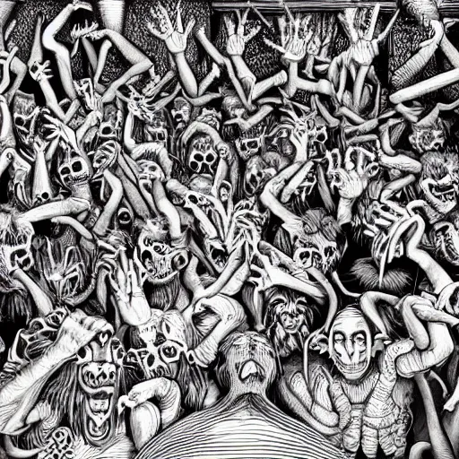 Image similar to digital painting of demons in rave party in hell by Chor Boogie, intricate details, ultra detailed, 4K, award-winning, touch of M. C. Escher