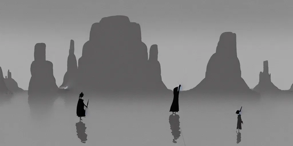 Image similar to a realistic cell - shaded studio ghibli concept art from paprika ( 2 0 0 6 ) of a giant monk meditating and a small witch dancing from close encounters of the third kind ( 1 9 7 7 ) in a flooded monument valley stonehenge. very dull colors, wide shot, hd, 4 k, hq