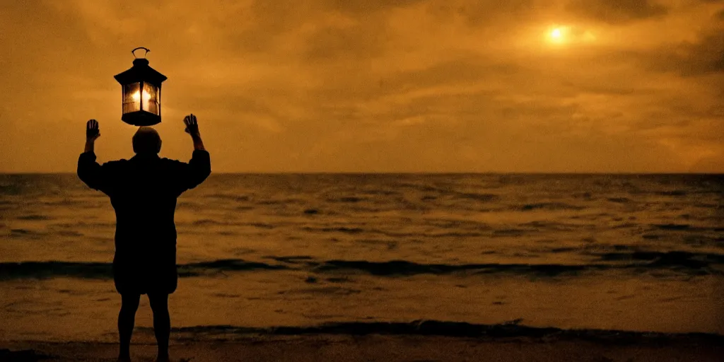 Image similar to film still of closeup old man holding up lantern by his beach hut at night. pirate ship in the ocean by emmanuel lubezki