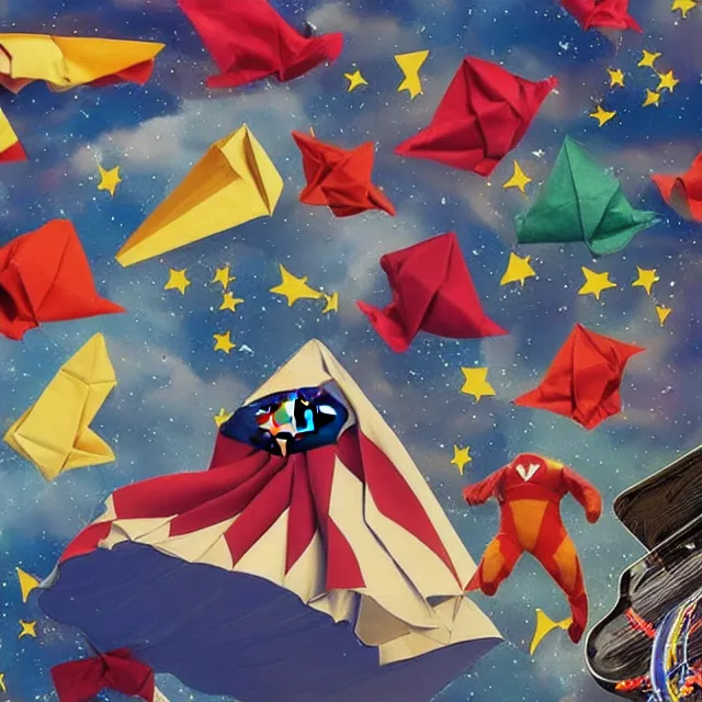 Image similar to rocket boots, superhero cape, sheet music, a piano, a parachute, confetti, origami paper, neo - impressionist, surrealism