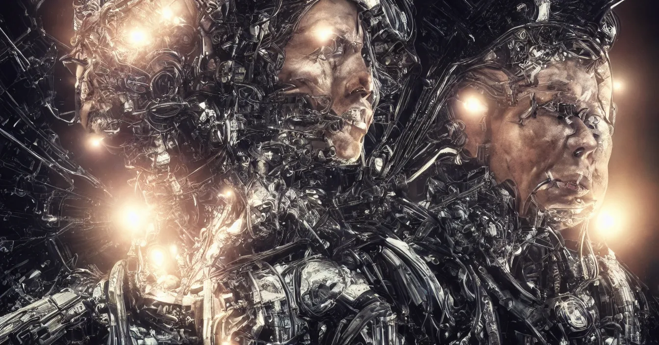 Prompt: hyperrealistic mixed media portrait of a humanoid terminator floating in space, stunning 3d render inspired art by P. Craig Russell and Barry Windsor-Smith + perfect facial symmetry + dim volumetric lighting, 8k octane beautifully detailed render, post-processing, extremely hyperdetailed, intricate futuristic mechanic parts, epic composition, grim yet sparkling atmosphere, cinematic lighting + masterpiece, trending on artstation