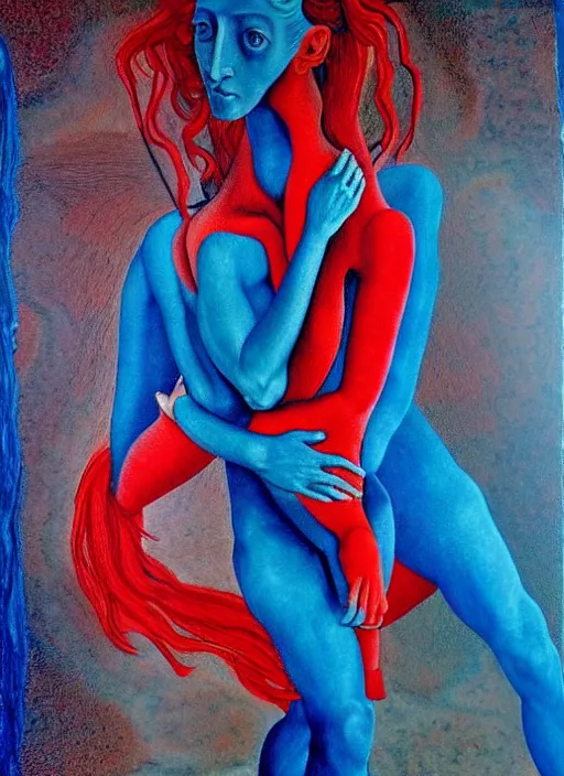 Prompt: only with blue, ney motogrosso in love with a red stallion, too many hands in all directions, in hoc signo vinces, waterfall, in the style of leonora carrington, gottfried helnwein, raqib shaw, chiaroscuro intricate composition, blue light by caravaggio, insanely quality, highly detailed, masterpiece, red light