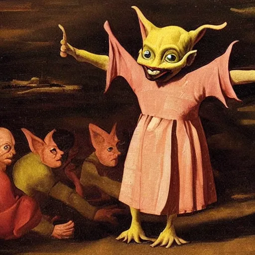 Image similar to little goblin puppet on stage, renaissance painting