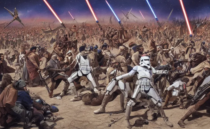 Prompt: liberty leading the people, star wars, jedi, battle of geonosis
