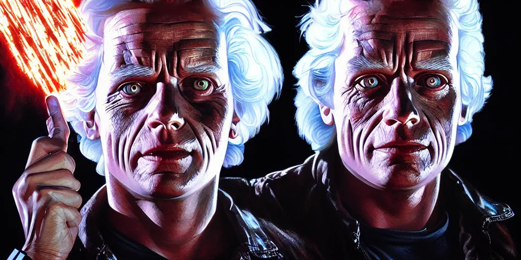 Prompt: doctor emmett brown creates the original terminator, highly detailed, digital painting, artstation, concept art, matte, sharp focus, illustration, art by artgerm and greg rutkowski and alphonse mucha