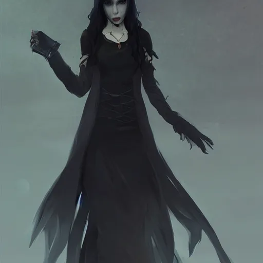 Image similar to female human vampire witch in the style of greg rutkowski, makoto shinkai, trending on artstation, character design, concept art, pretty face, highly detailed, long black hair, portrait, digital art