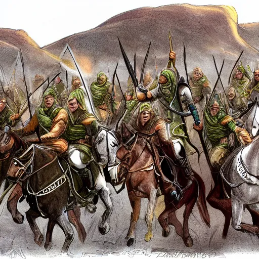 Image similar to illustration of The riders of Rohan in the style of J.R.R Tolkien 4K detail