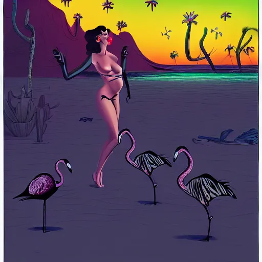 Image similar to A surreal comic noir illustration containing Dita Von Teese and Flamingos on a desert beach oasis by Salvador Dali, dark vibes, high contrast, pastel lighting, cinematic, depth of field, 8k