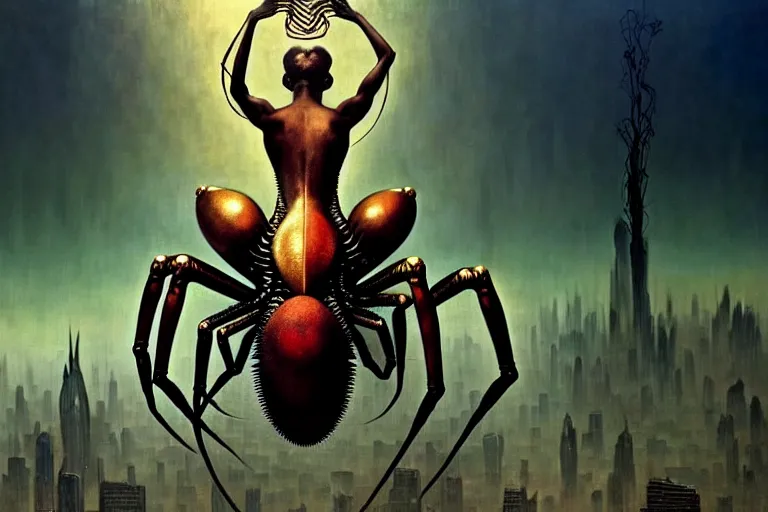 Image similar to realistic detailed portrait movie shot of a beautiful black woman riding a giant spider, dystopian city landscape background by denis villeneuve, amano, yves tanguy, alphonse mucha, max ernst, ernst haeckel, kehinde wiley, caravaggio, david lynch, roger dean, cyber necklace, rich moody colours, sci fi patterns, dramatic, wide angle