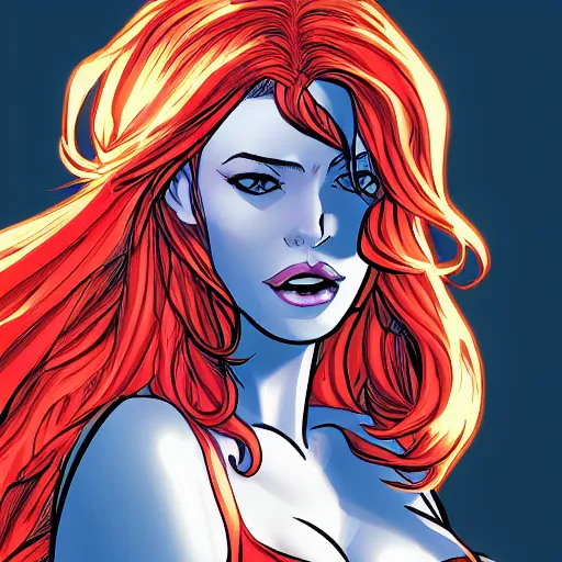 Image similar to a beautiful comic book illustration of a woman with red hair, dc comics, marvel comics, featured on artstation