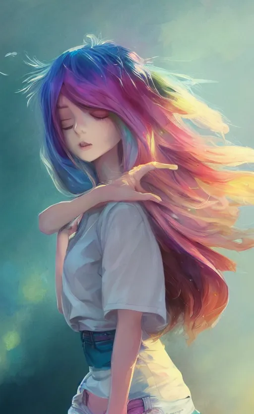 Image similar to a kawaii woman with rainbow hair, happy, summer time, soft eyes and narrow chin, dainty figure, long hair straight down, kawaii shirt and jeans, basic white background, In style of by Jordan Grimmer and greg rutkowski, crisp lines and color