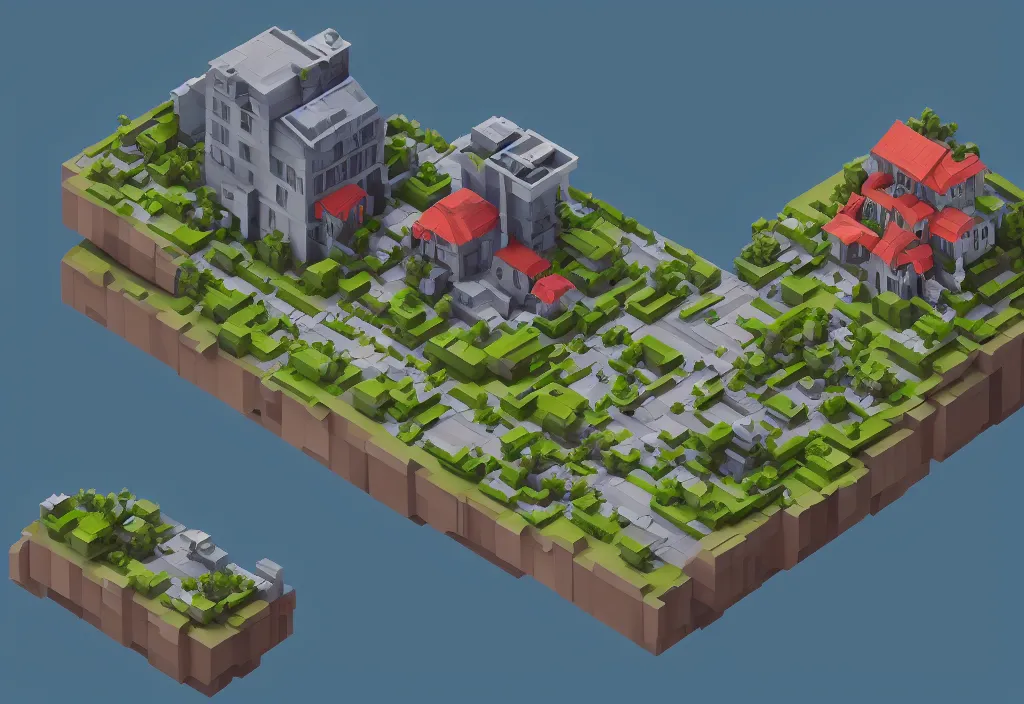 Image similar to isometric house on a mountain top magicavoxel cinematic lighting, 4k