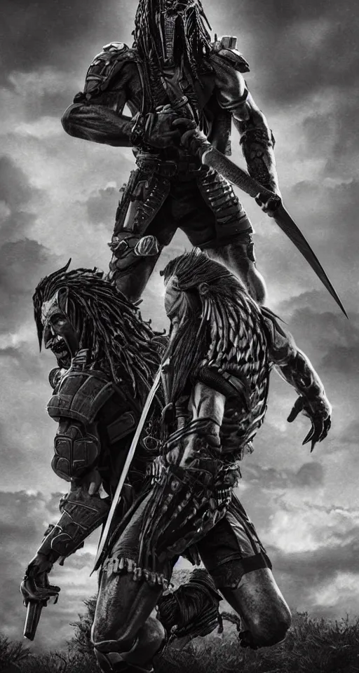 Image similar to movie film poster art for hiroyuki sanada vs predator. in the style of ansel adams, frank frazzetta, realistic, detailed, octane