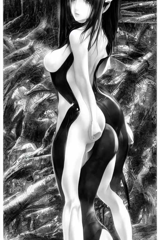 Image similar to a vertical portrait of a character in a scenic environment, black and white, dreamy, cybernetic suit, long straight black hair, highly detailed, by Yoshitaka Amano