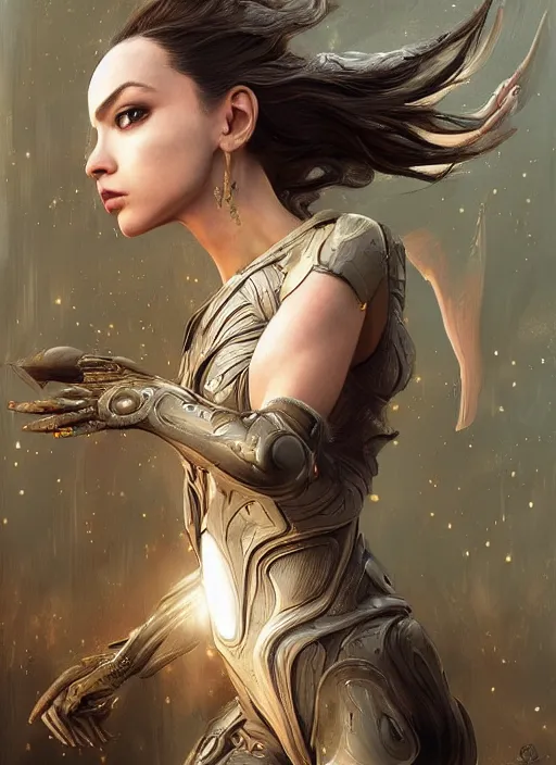 Image similar to a professional painting of a beautiful young female alien, clothed in ethereal armor, olive skin, long dark hair, beautiful bone structure, symmetrical facial features, intricate, elegant, digital painting, concept art, smooth, sharp focus, illustration, from Valerian and the City of a Thousand Planets, by Ruan Jia and Mandy Jurgens and Artgerm and William-Adolphe Bouguerea