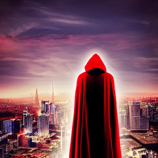 Image similar to a man in a long red cloak standing on the edge of the building looking at the city scape, synthwave digital art