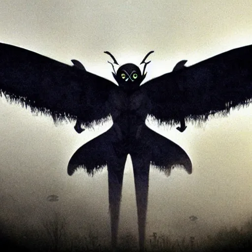 Image similar to mothman glowing eyes misty atmospheric ominous perspective