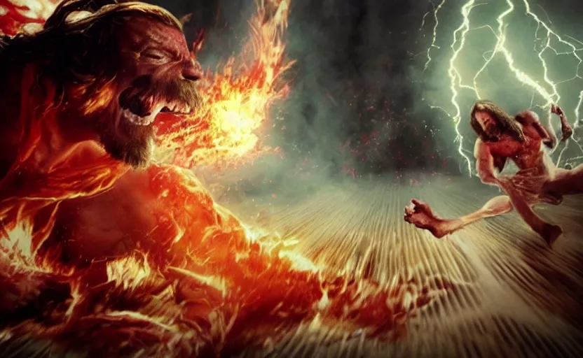 Prompt: hyperrealistic photo of Jesus Christ pummeling red-skinned Satan devil demon in the face on the floor, 8k cinematic, epic fight scene, directed by Michael Bay