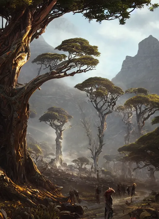 Image similar to hyper realistic robot attacking cape town city beautiful details, gnarly trees, strong composition, poster painted by greg rutkowski, concept art, arcane style, hearthstone wizards of the coast norman rockwell, james gurney and greg rutkowski weta studio, and lucasfilm and best of artstation