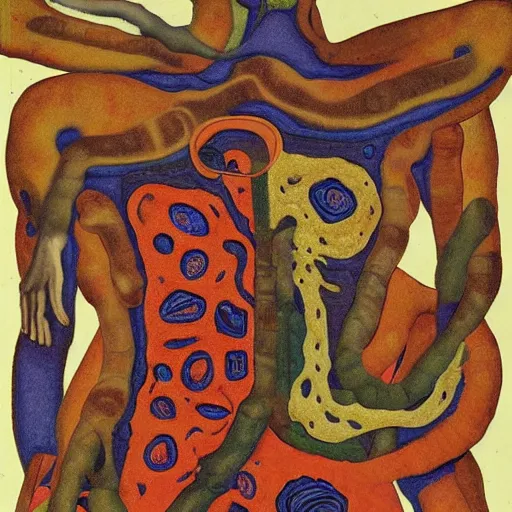 Image similar to constructivist by mati klarwein, by alex maleev, by malcolm teasdale tender. a land art of the human intestine in all its glory. each section of the intestine is labelled, & various items & creatures can be seen inside, such as bacteria, food particles, & even a little mouse.