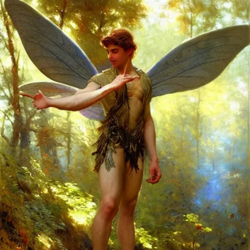 Image similar to attractive male fairy with wings in the forest, posing. highly detailed painting by gaston bussiere, craig mullins, j. c. leyendecker, 8 k