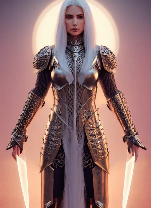 Image similar to opal leather armor!!! long wild white hair!! covered chest!!! fantasy, d & d, intricate ornate details, symmetry, concept art, sharp focus, illustration, art by artgerm! greg rutkowski magali villeneuve wlop! ilya kuvshinov!!, octane render, unreal engine 5, highly rendered!!