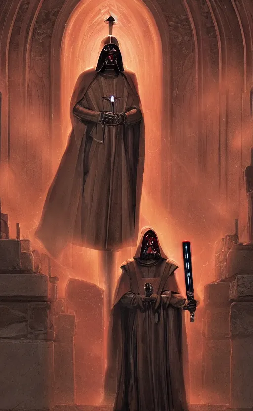 Image similar to « a beautiful sith male creating a rule of two in an ancient sith temple stylized as a catholic church, very realistic, trending on artstation »