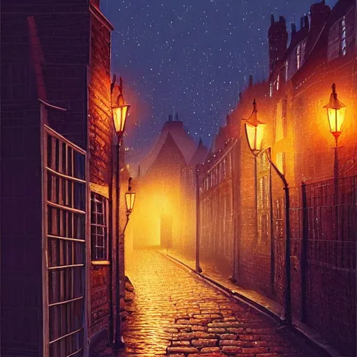 Prompt: A quaint, magical, medieval, London street at night, Tudor houses, digital painting by Alena Aenami, trending on artstation