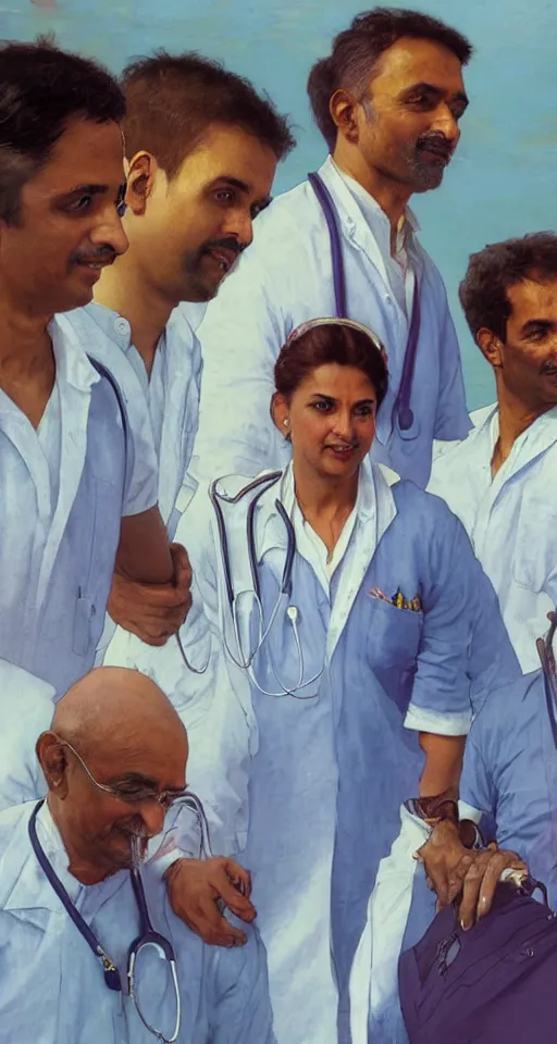 Image similar to close up of three Indian doctors in scrubs disembarking at Heathrow, sun shining, photo realistic illustration by greg rutkowski, thomas kindkade, alphonse mucha, loish, norman rockwell.