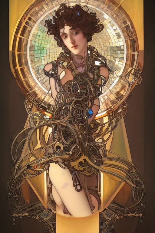 Image similar to realistic detailed portrait of a humanoid mecha cyberpunk! goddess by Alphonse Mucha and Charlie Bowater, rule of thirds, golden ratio, Art Nouveau cyberpunk! style, mechanical accents!, mecha plate armor, glowing LEDs, flowing wires with leaves, rich deep moody colors