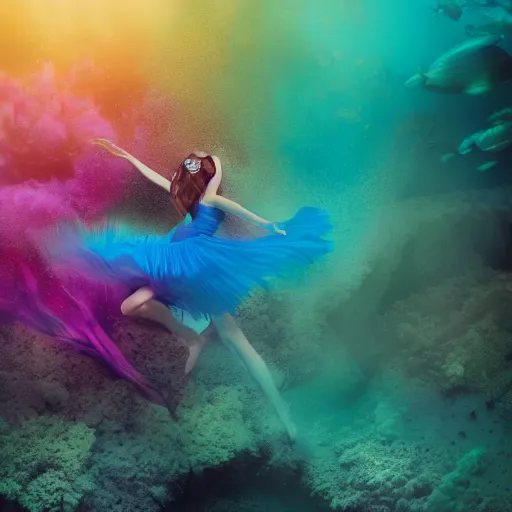 Image similar to beautiful realistic woman dancing underwater wearing a flowing dress made of blue, magenta, and yellow seaweed, delicate coral sea bottom, swirling silver fish, swirling smoke shapes, octane render, caustics lighting from above, cinematic