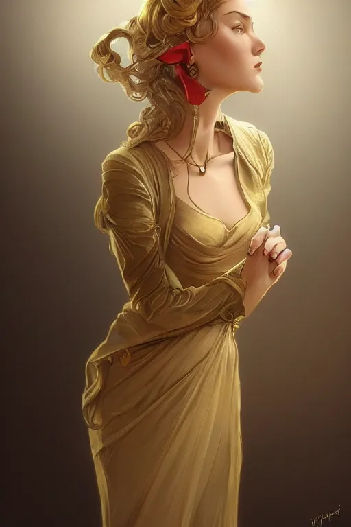 Image similar to a girl wearing a golden dress, grey hair, red necktie, cinematic, stunning, highly detailed, digital painting, artstation, smooth, hard focus, full body shot, illustration, art by artgerm and greg rutkowski and alphonse mucha