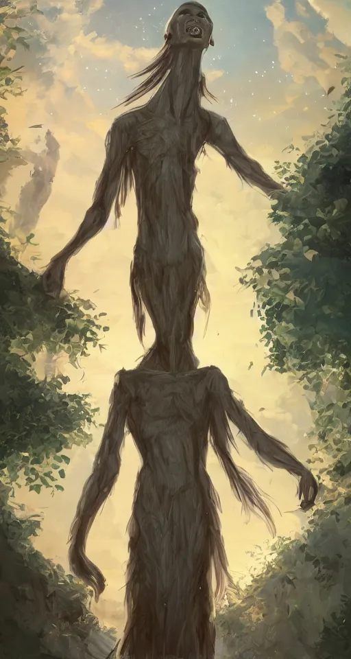 Prompt: A beautiful artwork illustration, a tall humanoid creature radiating curiosity, caring, and joy, exploring and looking around in an alternate universe, featured on artstation, wide angle, vertical orientation