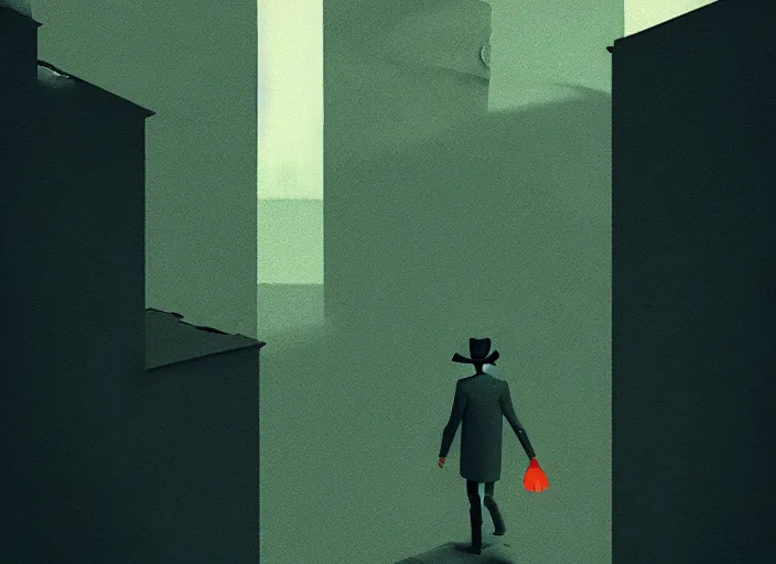 Image similar to editorial illustration by Karolis Strautniekas and Mads Berg, colorful, lonely lost city,a single mad in a hat walking, fine texture,detailed, matte colors,film noir, dramatic lighting, dynamic composition,moody, vivid,voumetric