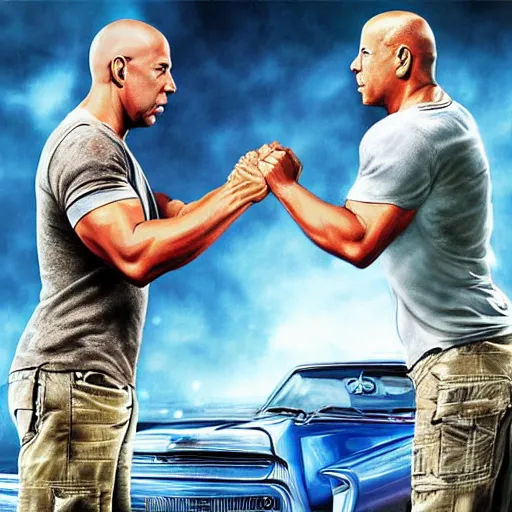 Prompt: paul walker and vin diesel doing a fist bump in heaven, digital art, highly detailed