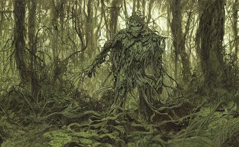 Image similar to digital painting of side view of swampthing walking in ovni crash site on swamp wasteland, extraterrestrial body parts on the floor, forest, moss, elegant artwork by lee bermejo and greg rutkowski and alphonse mucha